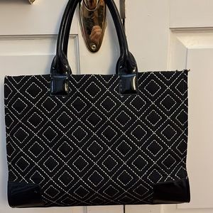 Tory Burch Ella quilted Nylon Tote Bag. Black and Gold trim. Rolled tote handles
